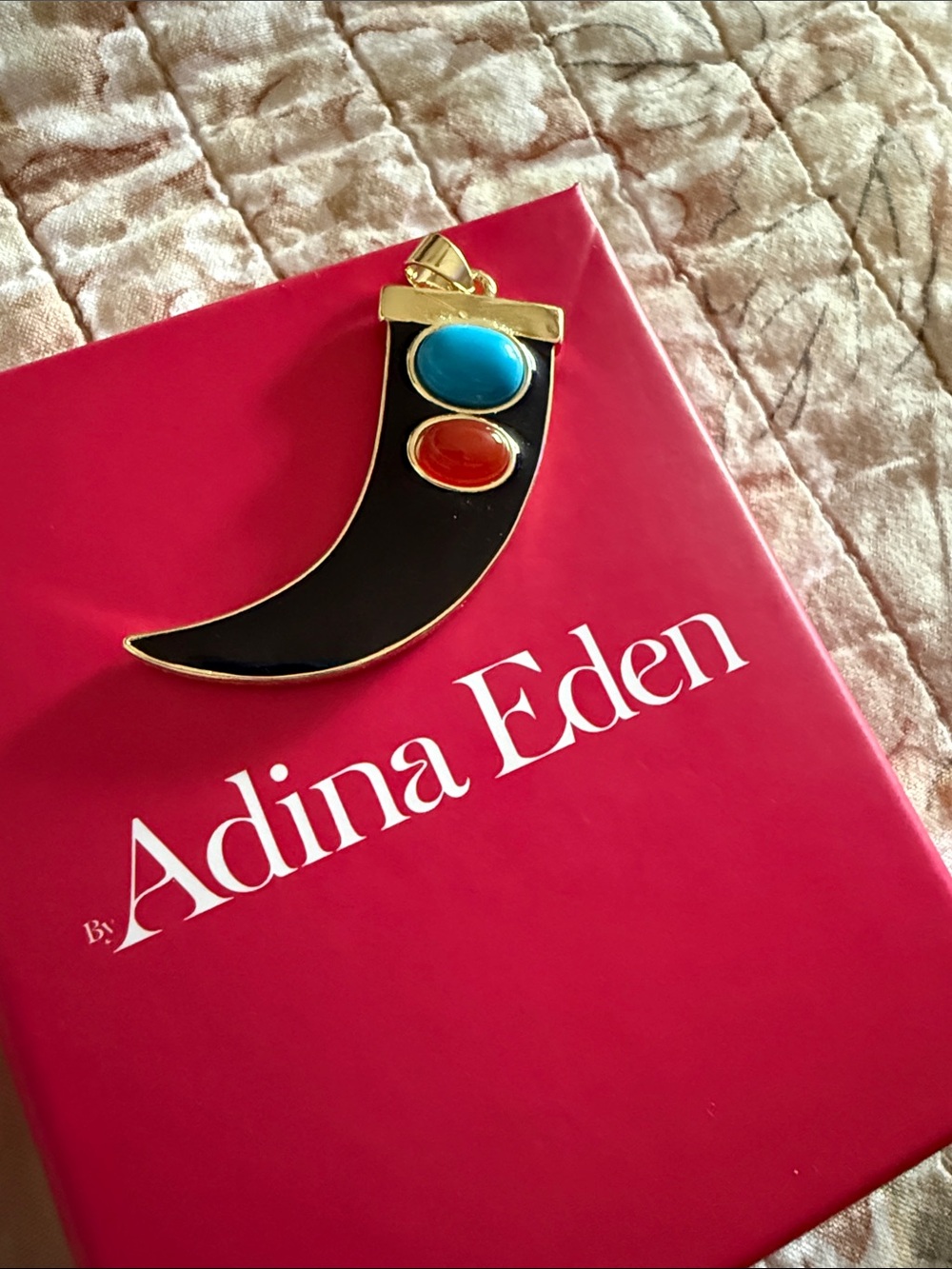 Adina Eden Brass Italian Horn Pendant with Turquoise and Cornelian Cabochons